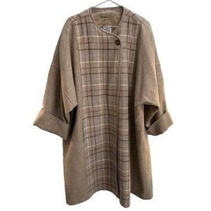 Vintage Avoca Ireland Wool Plaid Cape Coat Tartan Pockets Long Brown XL-2X
